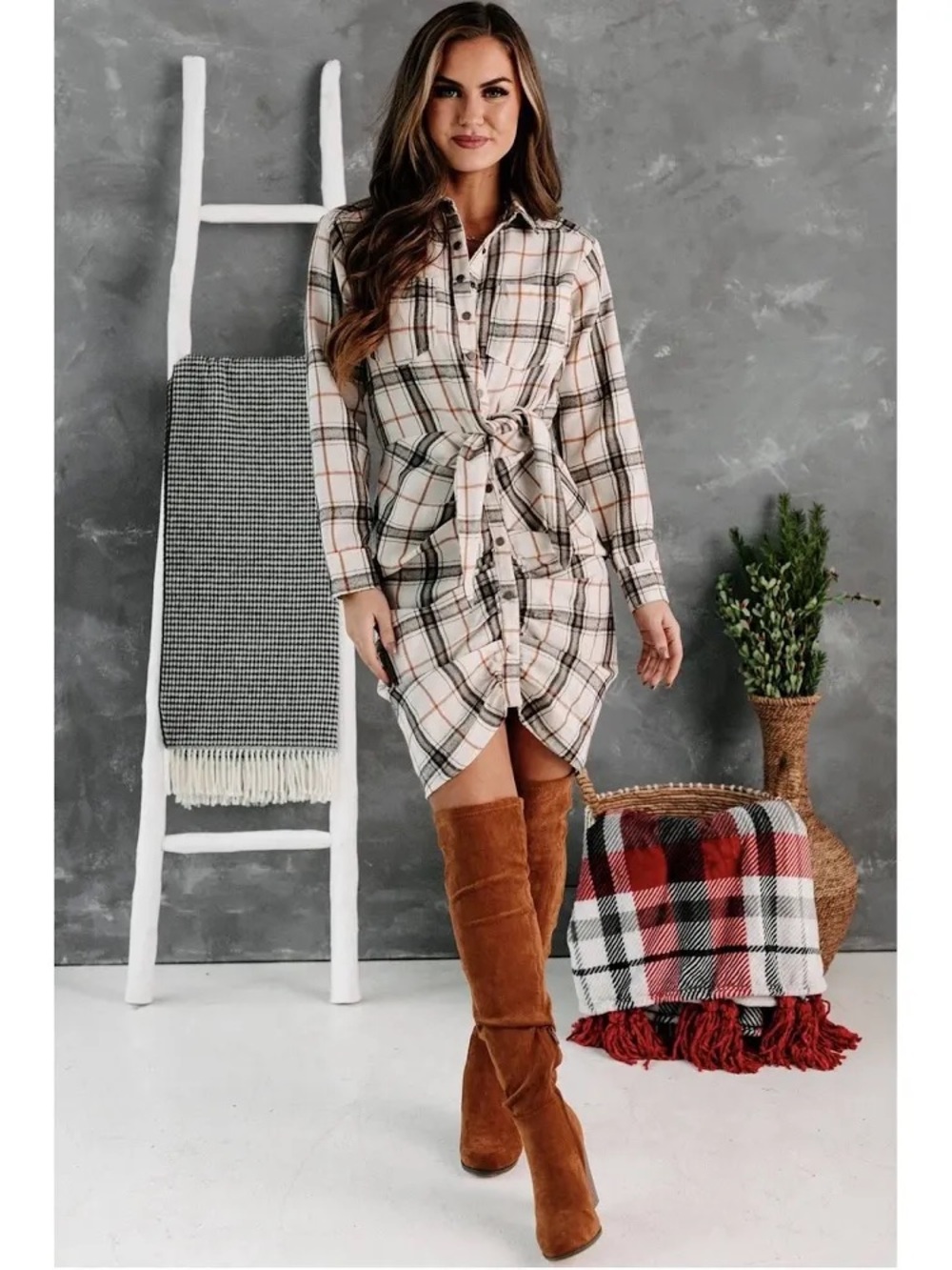 Fate Cream Plaid Tie-Waist Shirt Dress